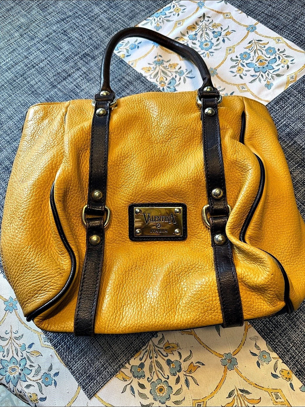 Valentina Leather-Trim Shoulder Bag in Yellow & Brown